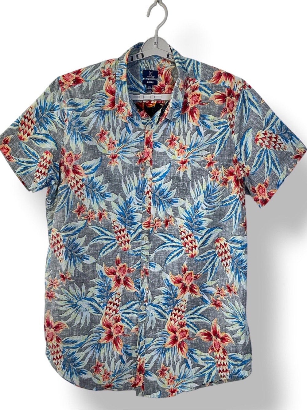 Hawaiian Beach Shirt Men’s Button Down Tropical Pineapple Gray Blue Slim Fit 2XL